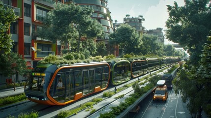 Fototapeta premium A futuristic city with bioenergy-powered transportation system, featuring green buses with grass roofs, traveling along elevated tracks, showcasing sustainable urban planning