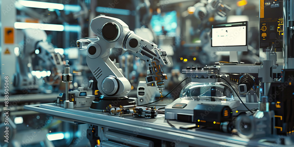 Poster synthetic serendipity: a robotics lab, filled with futuristic machines and tools.