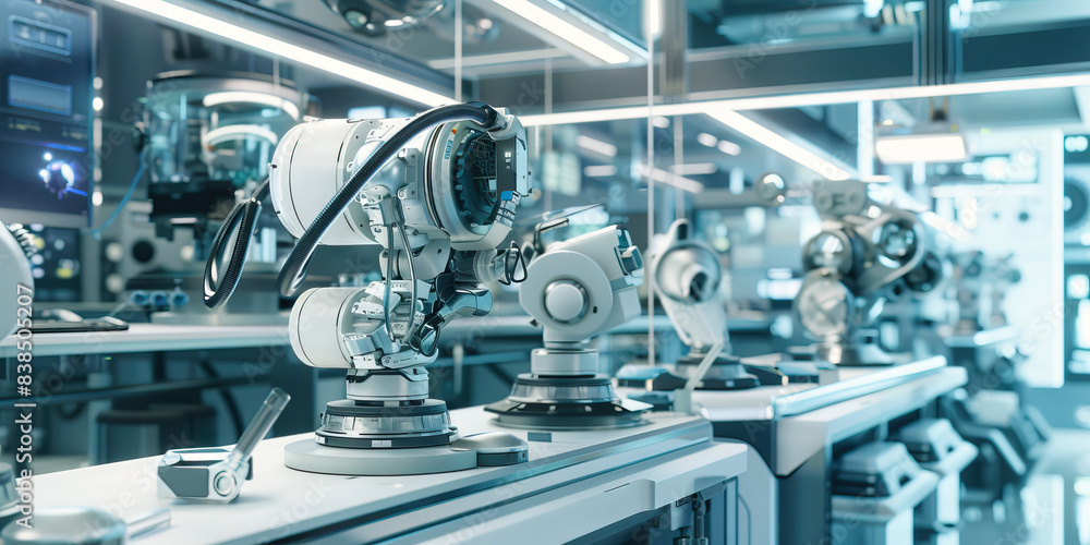 Poster synthetic serendipity: a robotics lab, filled with futuristic machines and tools.