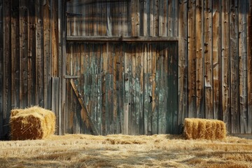 Background Barn. Rustic Hay Farm Architecture with Wooden Wall and Door