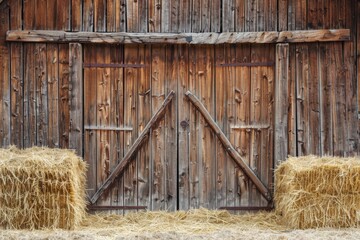 Background Barn. Rustic Farm Wall with Hay and Wooden Door in Rural Setting