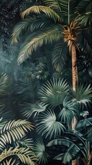 Beautiful nature background of vertical garden with tropical green leaf. Mural wallpaper. AI generated illustration