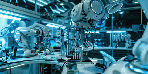 Synthetic Serendipity: A robotics lab, filled with futuristic machines and tools.