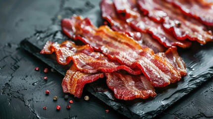 Bacon On Grill. American Breakfast with Crispy Bacon Slices on Black Wooden Board
