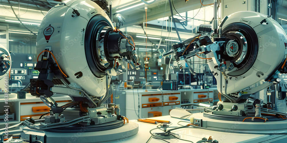 Poster synthetic serendipity: a robotics lab, filled with futuristic machines and tools.