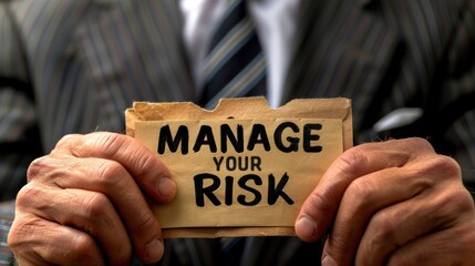 Manage Your Risk. Risk Management. A mans hands hold a sign that reads Manage Your Risk