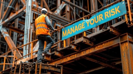 Naklejka premium Manage Your Risk. Risk Management. A construction worker walks across rusty beams with a sign reading Manage Your Risk