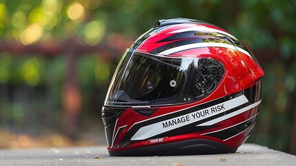 Fototapeta premium Manage Your Risk. Risk Management. A red and black motorcycle helmet with a white visor and Manage Your Risk written on the side