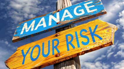 Manage Your Risk. Risk Management. A weathered wooden signpost with two arrows pointing in opposite directions, one saying Manage and the other saying Your Risk