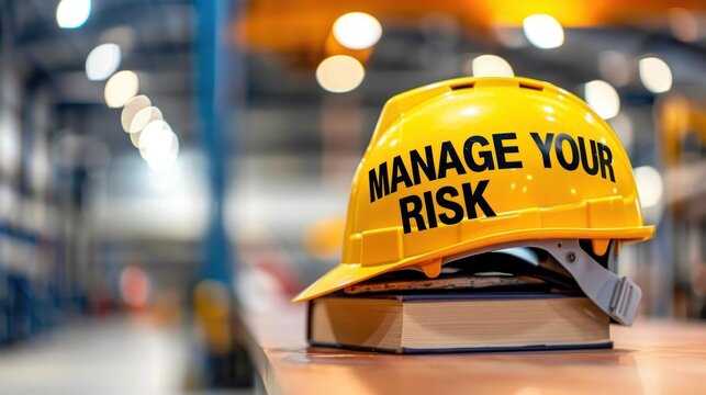 Manage Your Risk. Risk Management. A yellow hard hat with the phrase Manage Your Risk on it sits on top of a stack of books in a factory
