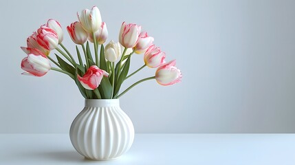 Obraz premium Mixed Pink and White Tulips in White Vase, Minimalist Floral Arrangement, Fresh Spring Blossoms, Home Decor, Copyspace for Text, Elegant Flower Display