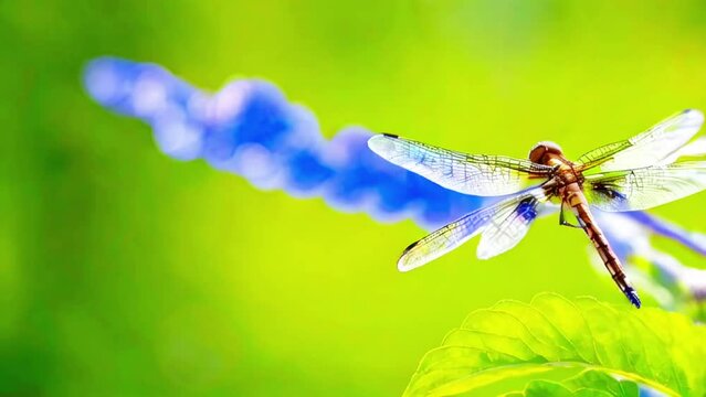 dragonfly on a green leaf.Seamless 4k time lapse virtual video animation background