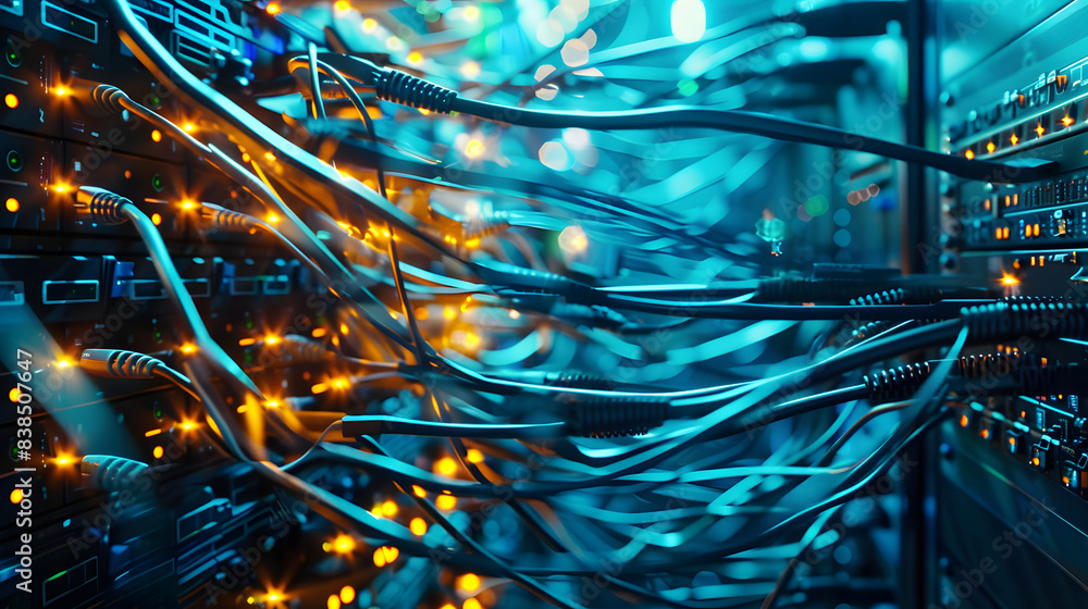 Poster a backdrop of a server room with network cables and lights, network, dynamic and dramatic compositio