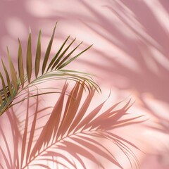 Fototapeta premium Blurred shadow from palm leaves on the light pink wall. Minimal abstract background for product presentation. Spring and summer.