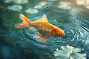 Realistic illustration of a goldfish swimming gracefully in a serene pond among water lilies, reflecting themes of peace and nature