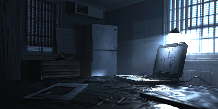 Digital Desolation: A dark, empty room, with a single old laptop on a desk