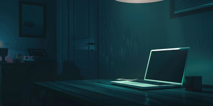 Digital Desolation: A dark, empty room, with a single old laptop on a desk