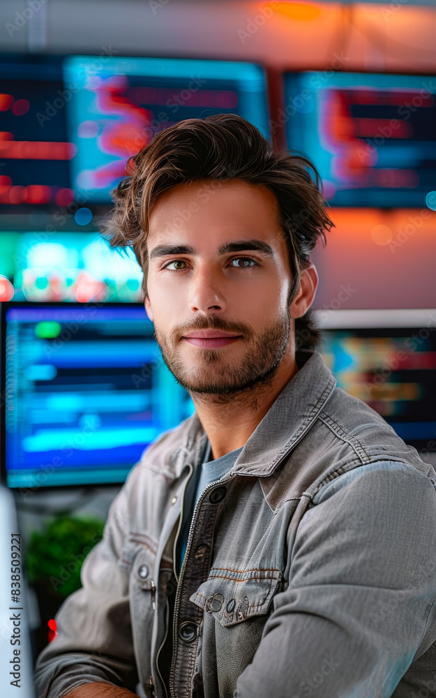 Poster confident young male programmer working in a modern office with multiple computer monitors displayin