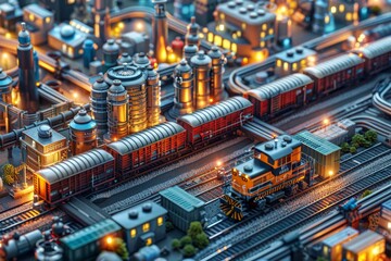 This image features a meticulously designed miniature scene with trains at a station, showcasing industrial elements and lighting effects