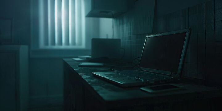 Digital Desolation: A dark, empty room, with a single old laptop on a desk