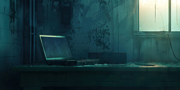 Digital Desolation: A dark, empty room, with a single old laptop on a desk