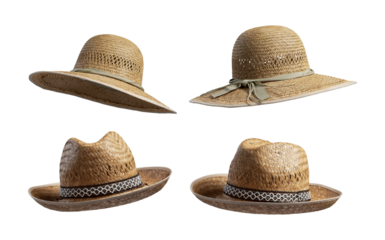 Set of straw hats on white background