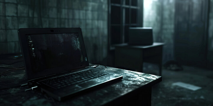 Digital Desolation: A dark, empty room, with a single old laptop on a desk