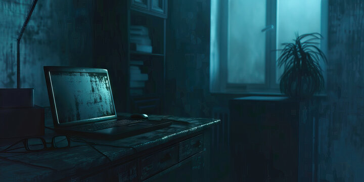 Digital Desolation: A dark, empty room, with a single old laptop on a desk