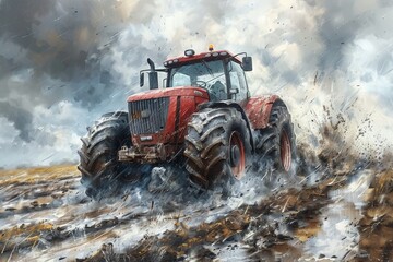 An artistic representation of a powerful tractor battling through a field with splashing mud, accentuating the machine's strength under a brooding sky