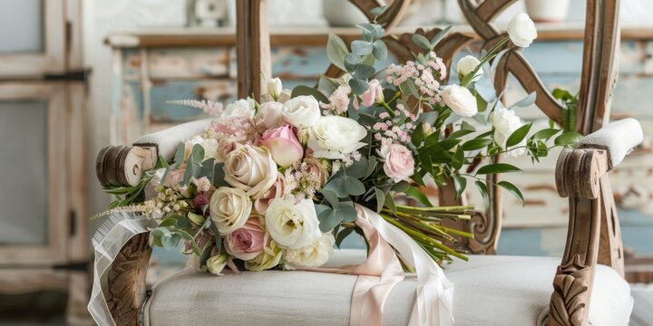 Minimalistic composition: bridal bouquet of white and pink roses, protea, eucalypt tree branches, veronica and pronies with long silk ribbons on the wooden chair