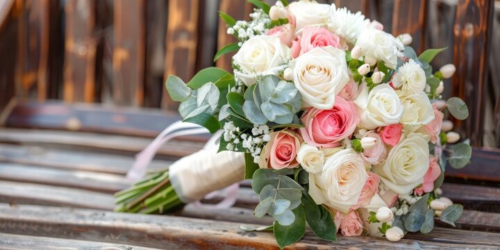 Minimalistic composition: bridal bouquet of white and pink roses, protea, eucalypt tree branches, veronica and pronies with long silk ribbons on the wooden chair