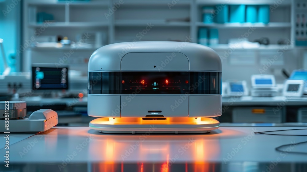 Poster a futuristic surgical assistant robot, powered by ai, sits on a sterile table in a modern operating 