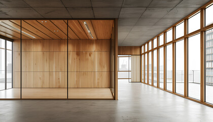 Fototapeta premium modern empty wooden office wall with right side glass windows no in center