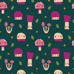 Cute pattern with cartoonish brightly coloured mushrooms on a dark background. Cute print for fabric or wallpaper.
