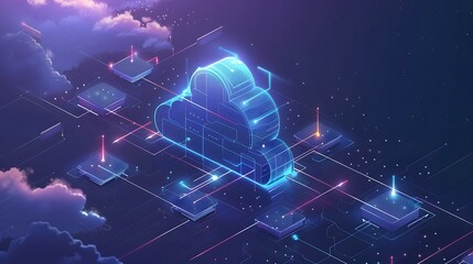 Digital illustration of cloud computing concept with circuit connections.	