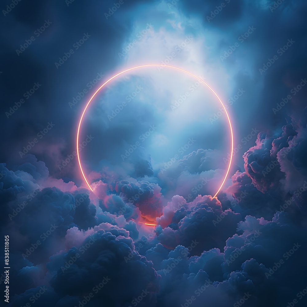Poster abstract illuminated circle with colorful smoke in dark background
