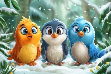 Three colorful, cartoon birds look charming as they sit in a snow-covered setting
