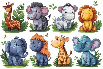 A set of vibrant cartoon illustrations featuring various smiling safari animals such as a giraffe, elephants, and a lion among greenery