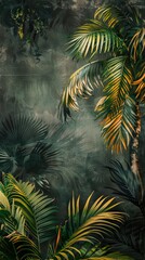 Obraz premium Beautiful nature background of vertical garden with tropical green leaf. Mural wallpaper. AI generated illustration
