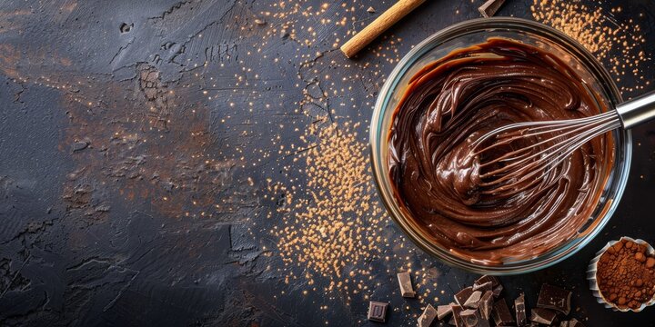 Minimalistic composition: Chocolate muffin batter being mixed in a glass bowl, whisking cake batter in a glass mixing bowl, the process of making chocolate muffins - Powered by Adobe