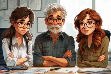 A warm, inviting image of two people, a man with gray hair and a woman with glasses, in a stylized office environment