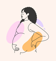 Pregnant black woman expecting a baby. Pregnancy, maternity, fertility concept. Prenatal care and health. Profile of a beautiful young mother touching belly. Isolated hand drawn vector illustration