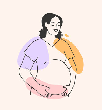 recommend clip art: Pregnant woman expecting a baby. Happy healthy beautiful mother touching belly. Pregnancy, maternity, motherhood concept. Prenatal care and health. Isolated hand drawn flat vector illustration