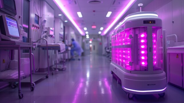 A UV-C light disinfection robot moves down a hospital corridor, sanitizing the area with its ultraviolet light.