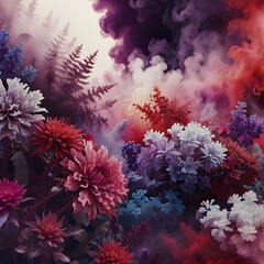 Background mixed colors psychedelic texture with flowers, plants and smoke