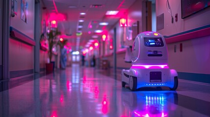 A white disinfection robot equipped with UV-C light travels down a brightly lit hospital hallway.