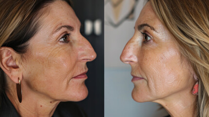 Comparison of an adult woman showing before and after aesthetic procedures. Concept of beauty, plastic surgery.
