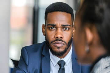 Fototapeta premium Case Manager. African American Employee Communicating with Focused Businessman
