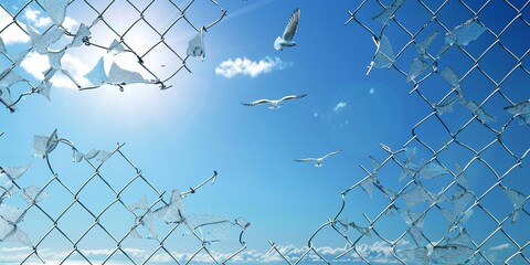 Minimalistic composition: Broken Chainlink Fence with Bright Blue Sky and Birds Flying, Fight for Better Life concept, Think out of the box and Free your mind concept