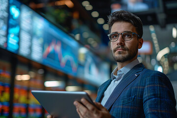 A financial market analyst using a tablet computer in front of different screens with graphs and stock charts